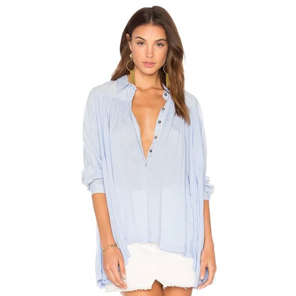 Free People Blue Lovely Day Button Down Top - Picture 1 of 11